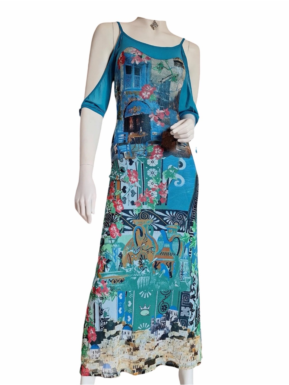 Vintage Save the Queen Maxi Mesh Dress Turquoise Santorini Print Floral Y2K M